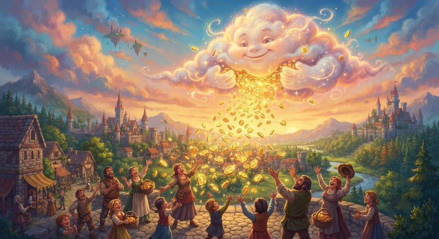 A friendly cloud showering the town with gold coins